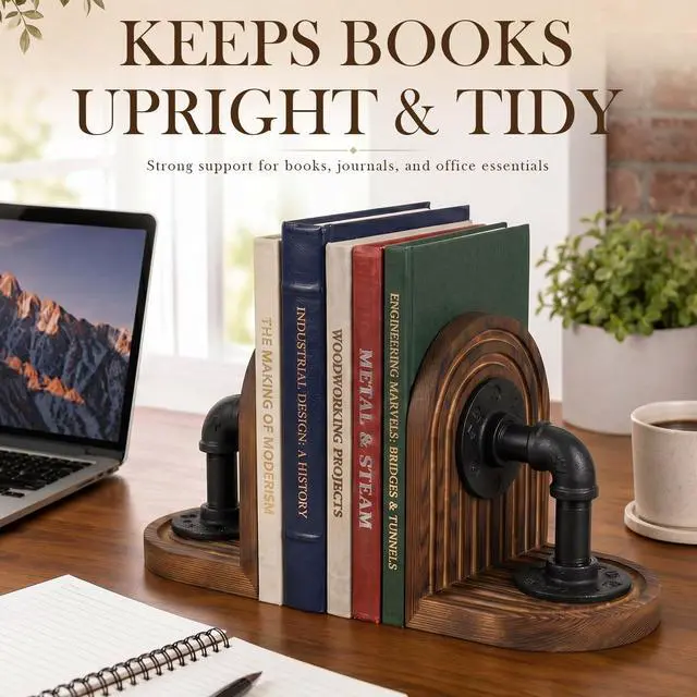 Alt view image 5 of 7 - Rustic Wood Decorative Bookends for Shelves with Industrial Pipe Design | Farmhouse Industrial Style Steampunk Bookends for Heavy Duty Books, Non Slip Bottom Metal Book Holders Home Office Decor Gift