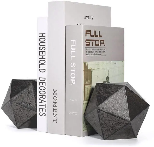 Main image of Geometric Decorative Ball Shaped Bookends, Modern Cast Iron Black Bookends for Office Desk, Book Shelf, Room Decor, Home Office, Book Stand or Organizer, Set of 2. Antique Black