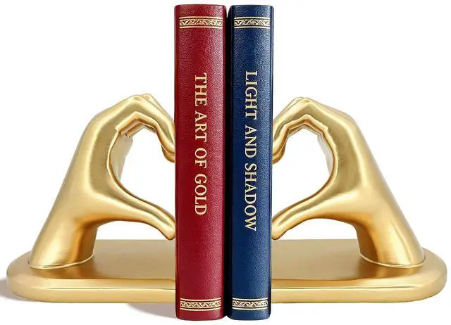 Main image of Bookends for Heavy Books, Gold Heart Decorative Book Ends for Shelf | Resin Heavy Duty Book Stopper for Modern Home Decor, Heartwarming Gift for Friend or Family, Housewarming Gift