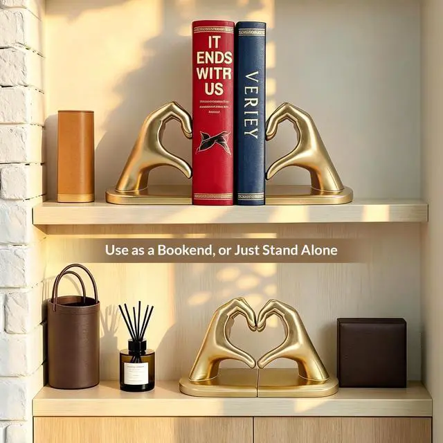 Alt view image 3 of 7 - Bookends for Heavy Books, Gold Heart Decorative Book Ends for Shelf | Resin Heavy Duty Book Stopper for Modern Home Decor, Heartwarming Gift for Friend or Family, Housewarming Gift