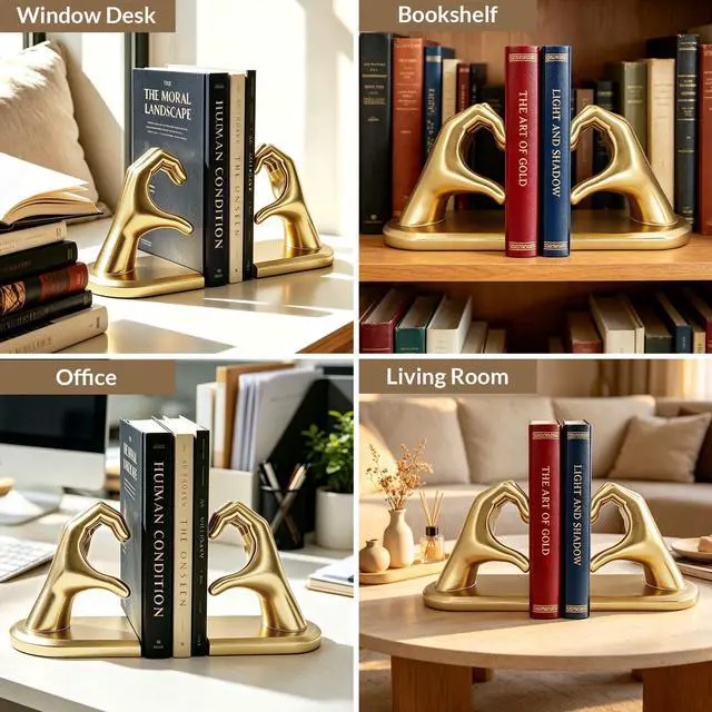 Alt view image 7 of 7 - Bookends for Heavy Books, Gold Heart Decorative Book Ends for Shelf | Resin Heavy Duty Book Stopper for Modern Home Decor, Heartwarming Gift for Friend or Family, Housewarming Gift