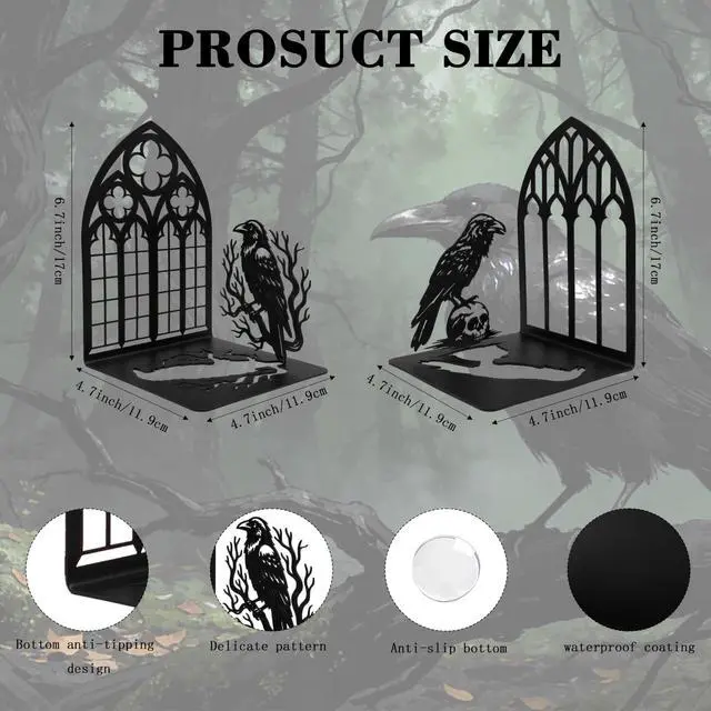 Alt view image 2 of 7 - Matte Black Iron Gothic Decorative Bookends for Shelves, Raven Book Ends Decorative for Heavy Books, Unique Vintage Bookends, Metal Book Holders for Gothic Bookshelf and Office Decor