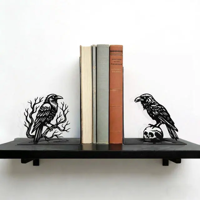 Alt view image 3 of 7 - Matte Black Iron Gothic Decorative Bookends for Shelves, Raven Book Ends Decorative for Heavy Books, Unique Vintage Bookends, Metal Book Holders for Gothic Bookshelf and Office Decor