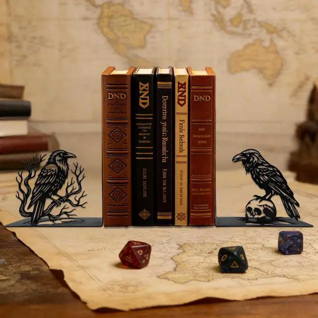 Alt view image 4 of 7 - Matte Black Iron Gothic Decorative Bookends for Shelves, Raven Book Ends Decorative for Heavy Books, Unique Vintage Bookends, Metal Book Holders for Gothic Bookshelf and Office Decor