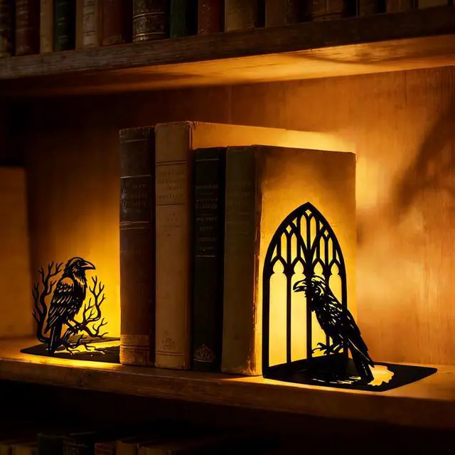 Alt view image 5 of 7 - Matte Black Iron Gothic Decorative Bookends for Shelves, Raven Book Ends Decorative for Heavy Books, Unique Vintage Bookends, Metal Book Holders for Gothic Bookshelf and Office Decor
