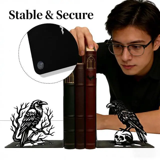 Alt view image 7 of 7 - Matte Black Iron Gothic Decorative Bookends for Shelves, Raven Book Ends Decorative for Heavy Books, Unique Vintage Bookends, Metal Book Holders for Gothic Bookshelf and Office Decor