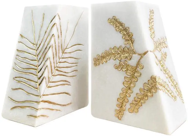 Main image of Heavy Duty Book Ends for Shelves, Decorative Book Ends for Heavy Books, Resin Modern Bookends with Marble Texture & Gold Botanical Detail, Minimalist Bookends for Home Decor, Set of 2
