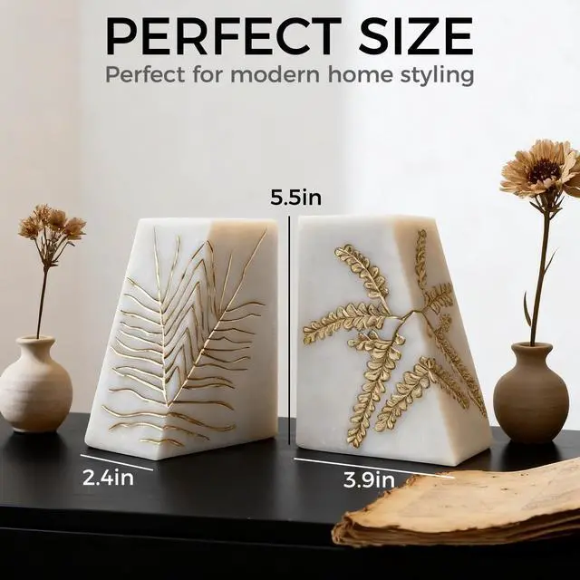 Alt view image 3 of 6 - Heavy Duty Book Ends for Shelves, Decorative Book Ends for Heavy Books, Resin Modern Bookends with Marble Texture & Gold Botanical Detail, Minimalist Bookends for Home Decor, Set of 2
