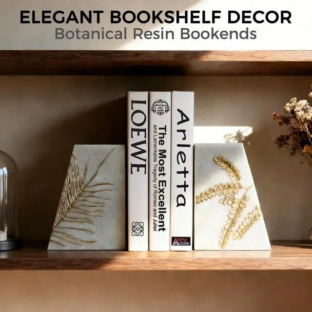 Alt view image 2 of 6 - Heavy Duty Book Ends for Shelves, Decorative Book Ends for Heavy Books, Resin Modern Bookends with Marble Texture & Gold Botanical Detail, Minimalist Bookends for Home Decor, Set of 2
