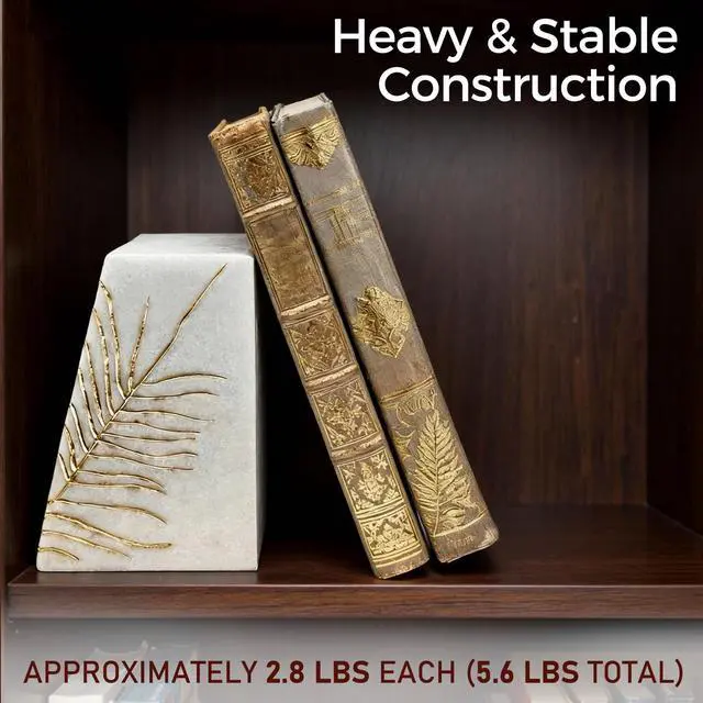 Alt view image 4 of 6 - Heavy Duty Book Ends for Shelves, Decorative Book Ends for Heavy Books, Resin Modern Bookends with Marble Texture & Gold Botanical Detail, Minimalist Bookends for Home Decor, Set of 2