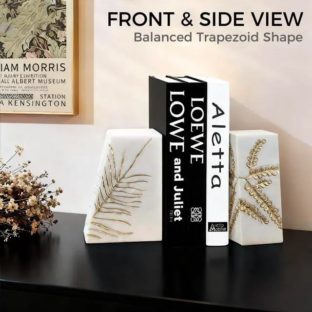 Alt view image 6 of 6 - Heavy Duty Book Ends for Shelves, Decorative Book Ends for Heavy Books, Resin Modern Bookends with Marble Texture & Gold Botanical Detail, Minimalist Bookends for Home Decor, Set of 2