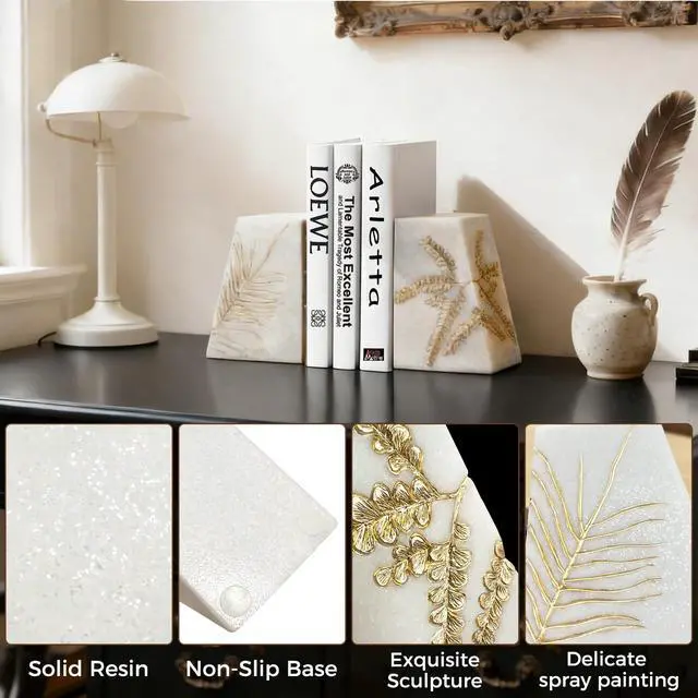 Alt view image 5 of 6 - Heavy Duty Book Ends for Shelves, Decorative Book Ends for Heavy Books, Resin Modern Bookends with Marble Texture & Gold Botanical Detail, Minimalist Bookends for Home Decor, Set of 2