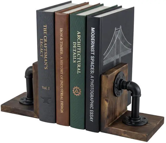 Main image of Bookends for Shelves, Heavy Book Ends with Extended Metal Base, Wood Non Skid Book Stopper, Antique Steampunk Industrial Pipe Office Decor for Men, Dark Brown L-Shaped Bookends Holder for Shelf (Pair)