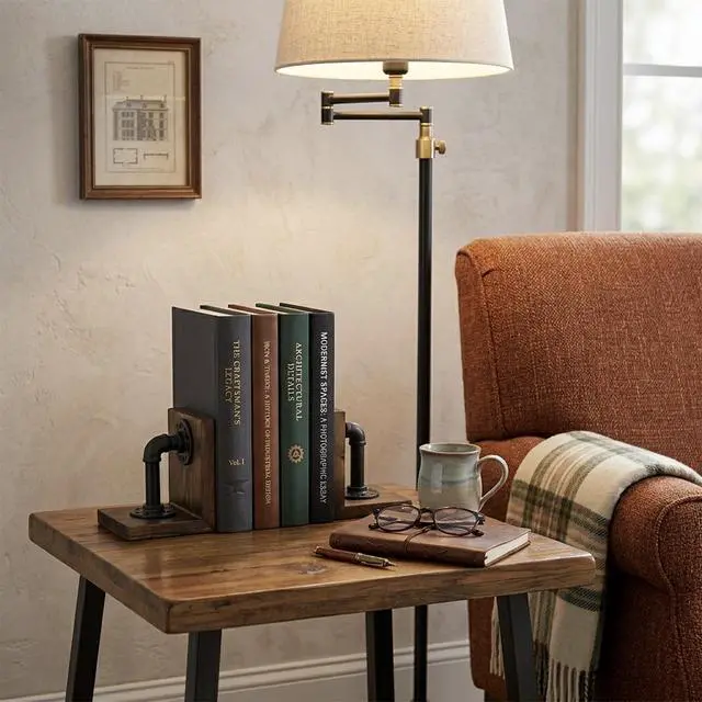 Alt view image 2 of 7 - Bookends for Shelves, Heavy Book Ends with Extended Metal Base, Wood Non Skid Book Stopper, Antique Steampunk Industrial Pipe Office Decor for Men, Dark Brown L-Shaped Bookends Holder for Shelf (Pair)