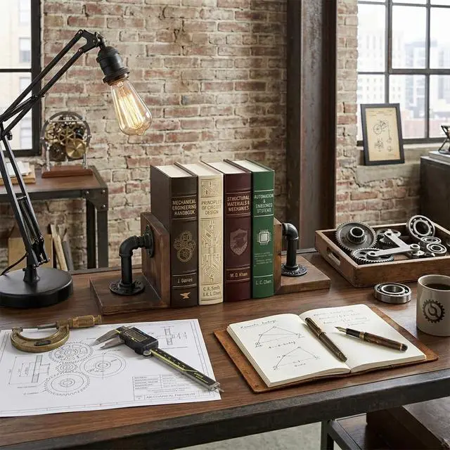 Alt view image 3 of 7 - Bookends for Shelves, Heavy Book Ends with Extended Metal Base, Wood Non Skid Book Stopper, Antique Steampunk Industrial Pipe Office Decor for Men, Dark Brown L-Shaped Bookends Holder for Shelf (Pair)