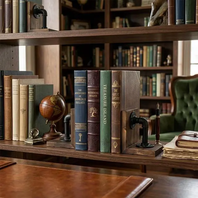 Alt view image 4 of 7 - Bookends for Shelves, Heavy Book Ends with Extended Metal Base, Wood Non Skid Book Stopper, Antique Steampunk Industrial Pipe Office Decor for Men, Dark Brown L-Shaped Bookends Holder for Shelf (Pair)