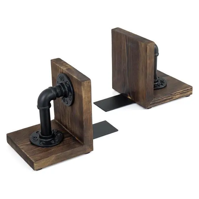 Alt view image 6 of 7 - Bookends for Shelves, Heavy Book Ends with Extended Metal Base, Wood Non Skid Book Stopper, Antique Steampunk Industrial Pipe Office Decor for Men, Dark Brown L-Shaped Bookends Holder for Shelf (Pair)