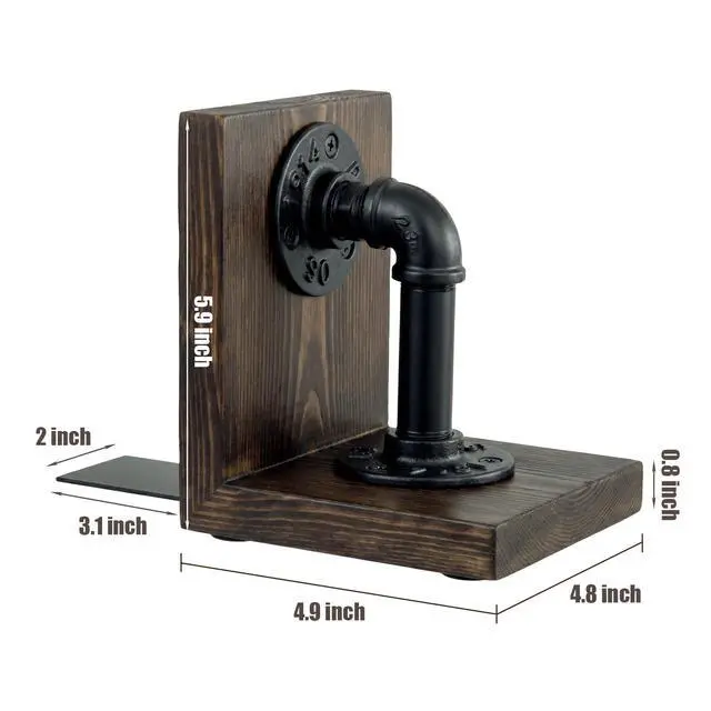 Alt view image 5 of 7 - Bookends for Shelves, Heavy Book Ends with Extended Metal Base, Wood Non Skid Book Stopper, Antique Steampunk Industrial Pipe Office Decor for Men, Dark Brown L-Shaped Bookends Holder for Shelf (Pair)