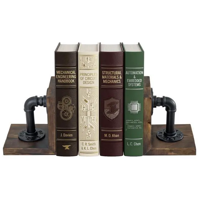 Alt view image 7 of 7 - Bookends for Shelves, Heavy Book Ends with Extended Metal Base, Wood Non Skid Book Stopper, Antique Steampunk Industrial Pipe Office Decor for Men, Dark Brown L-Shaped Bookends Holder for Shelf (Pair)