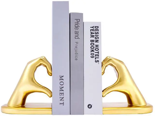 Main image of Gold Decorative Bookends for Shelves, Heart Hands Resin Sculpture with Non-Slip Felt Base, Modern Book Ends for Living Room, Bedroom and Office,Larger Size-10.43x3.93x5.51