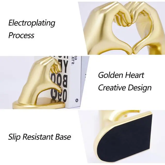 Alt view image 4 of 7 - Gold Decorative Bookends for Shelves, Heart Hands Resin Sculpture with Non-Slip Felt Base, Modern Book Ends for Living Room, Bedroom and Office,Larger Size-10.43x3.93x5.51