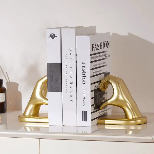 Alt view image 3 of 7 - Gold Decorative Bookends for Shelves, Heart Hands Resin Sculpture with Non-Slip Felt Base, Modern Book Ends for Living Room, Bedroom and Office,Larger Size-10.43x3.93x5.51