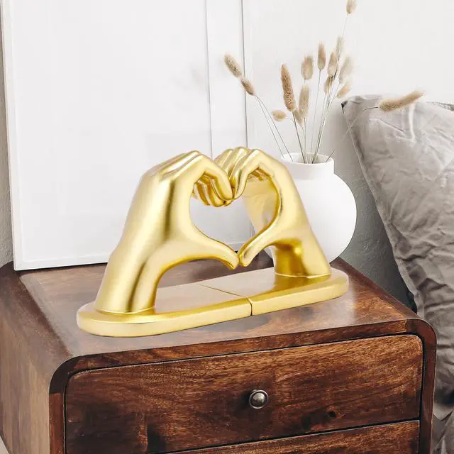Alt view image 6 of 7 - Gold Decorative Bookends for Shelves, Heart Hands Resin Sculpture with Non-Slip Felt Base, Modern Book Ends for Living Room, Bedroom and Office,Larger Size-10.43x3.93x5.51