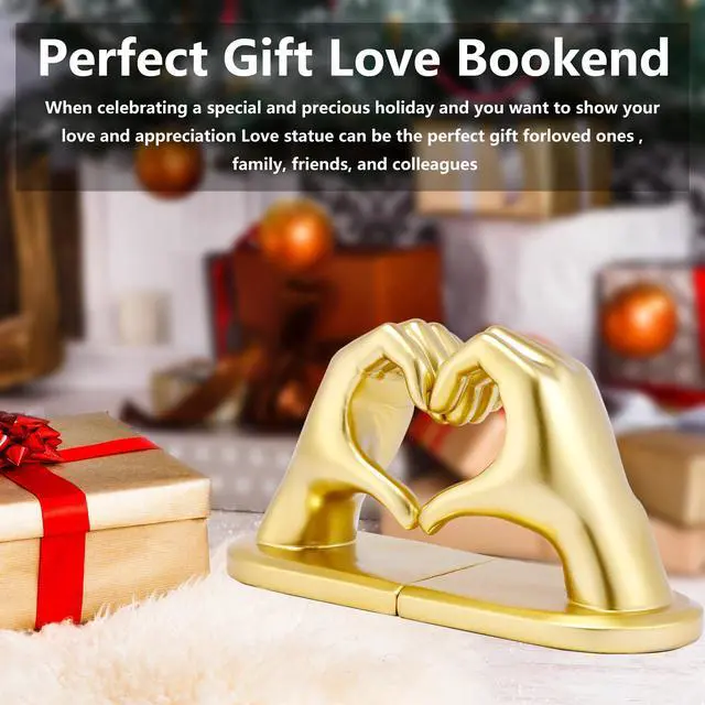Alt view image 7 of 7 - Gold Decorative Bookends for Shelves, Heart Hands Resin Sculpture with Non-Slip Felt Base, Modern Book Ends for Living Room, Bedroom and Office,Larger Size-10.43x3.93x5.51
