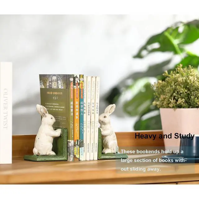 Alt view image 6 of 6 - Bunnies Book Ends, Heavy Duty Cast Iron Decorative Bookends for Shelves, Vintage Antique Book Stoppers with Anti-Slip Rubber Pads