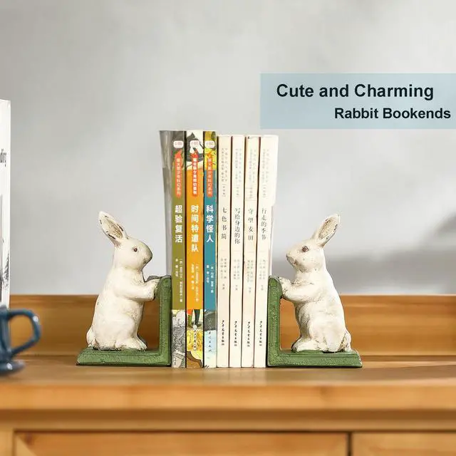 Alt view image 5 of 6 - Bunnies Book Ends, Heavy Duty Cast Iron Decorative Bookends for Shelves, Vintage Antique Book Stoppers with Anti-Slip Rubber Pads
