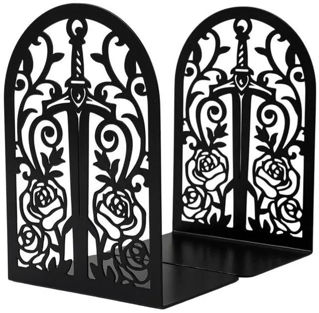 Main image of Gothic Sword Rose Book Ends, Heavy Duty Metal Bookends for Shelves | Non Skid Metal Book Divider Decorative Holder, Abstract Art Desgin Book Stopper Supports for Office, Home