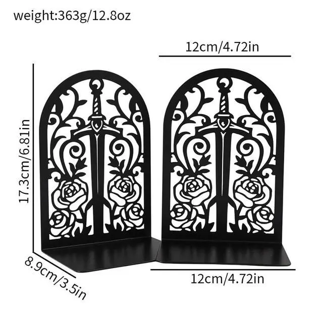 Alt view image 3 of 7 - Gothic Sword Rose Book Ends, Heavy Duty Metal Bookends for Shelves | Non Skid Metal Book Divider Decorative Holder, Abstract Art Desgin Book Stopper Supports for Office, Home