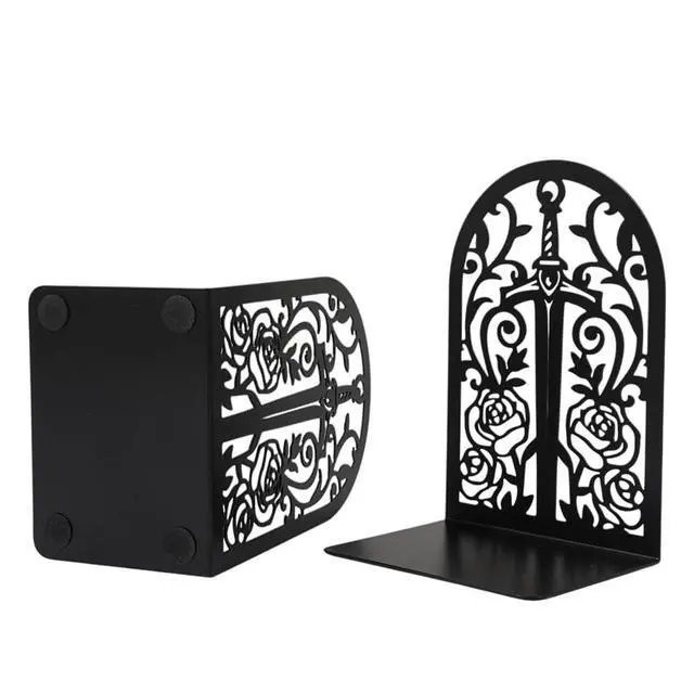 Alt view image 2 of 7 - Gothic Sword Rose Book Ends, Heavy Duty Metal Bookends for Shelves | Non Skid Metal Book Divider Decorative Holder, Abstract Art Desgin Book Stopper Supports for Office, Home