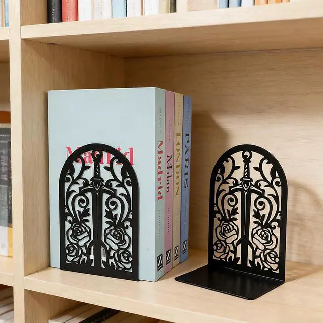 Alt view image 4 of 7 - Gothic Sword Rose Book Ends, Heavy Duty Metal Bookends for Shelves | Non Skid Metal Book Divider Decorative Holder, Abstract Art Desgin Book Stopper Supports for Office, Home