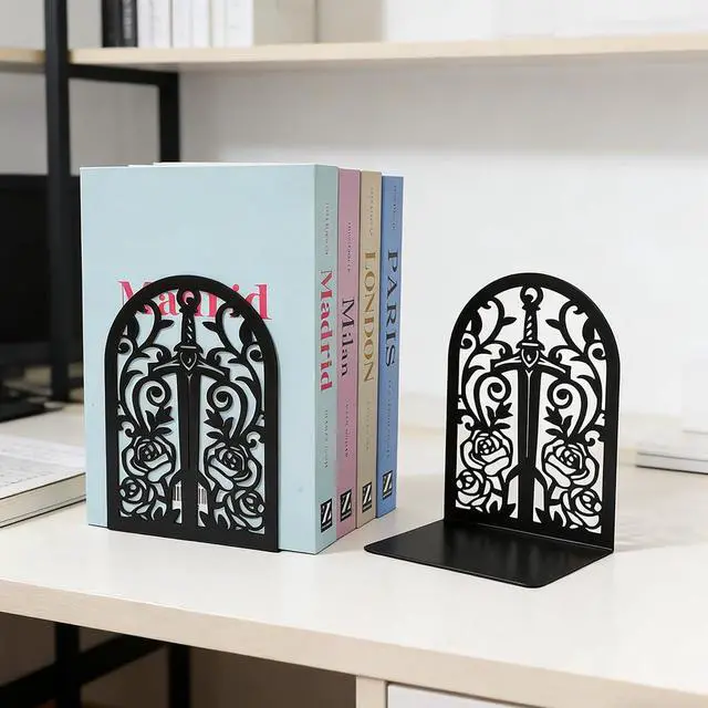 Alt view image 5 of 7 - Gothic Sword Rose Book Ends, Heavy Duty Metal Bookends for Shelves | Non Skid Metal Book Divider Decorative Holder, Abstract Art Desgin Book Stopper Supports for Office, Home