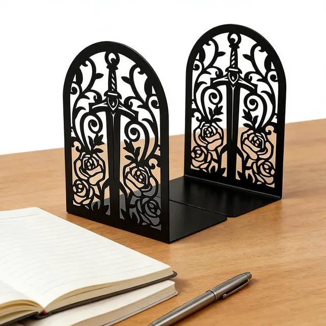 Alt view image 6 of 7 - Gothic Sword Rose Book Ends, Heavy Duty Metal Bookends for Shelves | Non Skid Metal Book Divider Decorative Holder, Abstract Art Desgin Book Stopper Supports for Office, Home