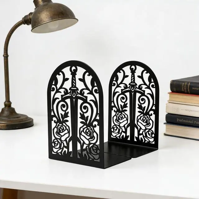 Alt view image 7 of 7 - Gothic Sword Rose Book Ends, Heavy Duty Metal Bookends for Shelves | Non Skid Metal Book Divider Decorative Holder, Abstract Art Desgin Book Stopper Supports for Office, Home