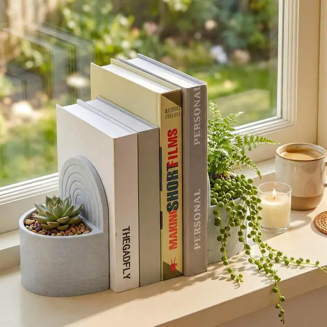 Main image of 3D Printed Plant Pot Bookend Marble White with Hidden Water Tray | Novelty Dual Use Book End, Home Office Shelf Decor, Gift for Plant Reading Lovers, Plants Not Included