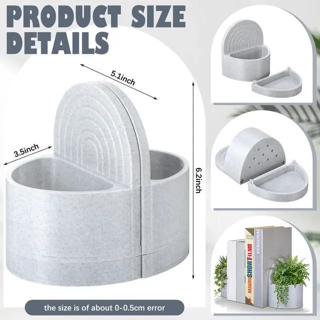 Alt view image 2 of 7 - 3D Printed Plant Pot Bookend Marble White with Hidden Water Tray | Novelty Dual Use Book End, Home Office Shelf Decor, Gift for Plant Reading Lovers, Plants Not Included