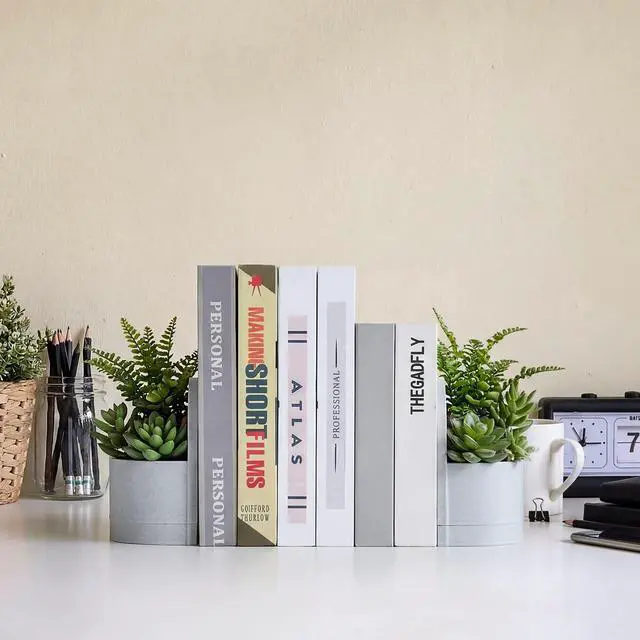 Alt view image 4 of 7 - 3D Printed Plant Pot Bookend Marble White with Hidden Water Tray | Novelty Dual Use Book End, Home Office Shelf Decor, Gift for Plant Reading Lovers, Plants Not Included