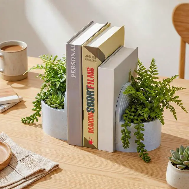 Alt view image 3 of 7 - 3D Printed Plant Pot Bookend Marble White with Hidden Water Tray | Novelty Dual Use Book End, Home Office Shelf Decor, Gift for Plant Reading Lovers, Plants Not Included