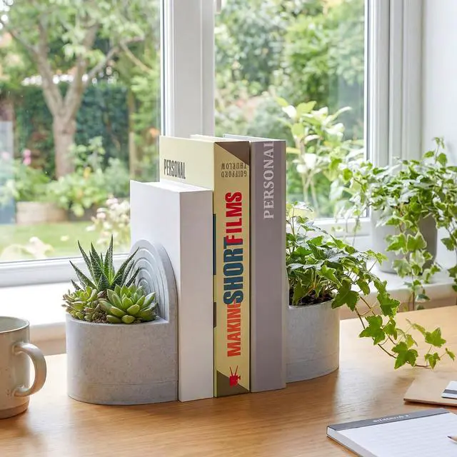 Alt view image 6 of 7 - 3D Printed Plant Pot Bookend Marble White with Hidden Water Tray | Novelty Dual Use Book End, Home Office Shelf Decor, Gift for Plant Reading Lovers, Plants Not Included