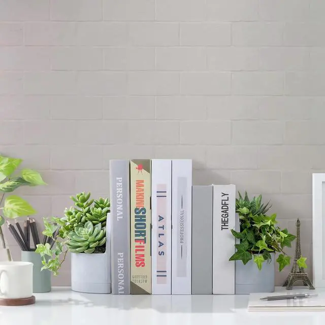 Alt view image 7 of 7 - 3D Printed Plant Pot Bookend Marble White with Hidden Water Tray | Novelty Dual Use Book End, Home Office Shelf Decor, Gift for Plant Reading Lovers, Plants Not Included