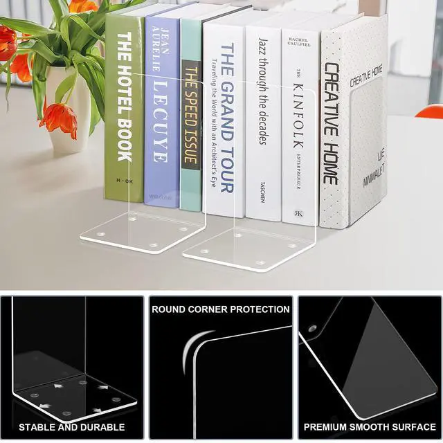 Alt view image 4 of 7 - Acrylic Bookends 2 Pieces, VFINE Book Ends for Shelves, Clear Bookends for Shelves Decor Book Ends for Desktop Organizer, Book Stopper for Home Office School Supplies, 7 * 4.8 * 4.75 inch