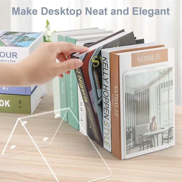 Alt view image 5 of 7 - Acrylic Bookends 2 Pieces, VFINE Book Ends for Shelves, Clear Bookends for Shelves Decor Book Ends for Desktop Organizer, Book Stopper for Home Office School Supplies, 7 * 4.8 * 4.75 inch