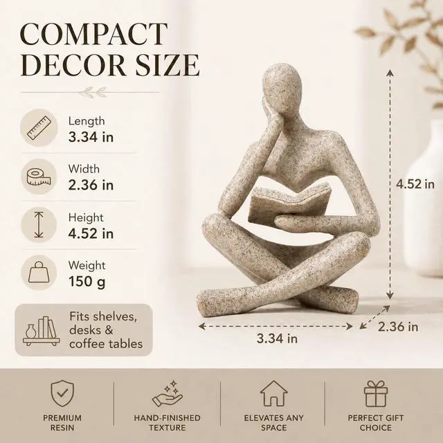 Alt view image 2 of 7 - Bookshelf Decor Thinker Statue, Sand Abstract Reading Figurine, Resin Decorative Bookend for Coffee Table, Shelf, Home Office, Library, Living Room-Gift for Book LoversZuo Si