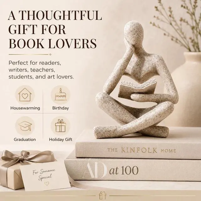 Alt view image 3 of 7 - Bookshelf Decor Thinker Statue, Sand Abstract Reading Figurine, Resin Decorative Bookend for Coffee Table, Shelf, Home Office, Library, Living Room-Gift for Book LoversZuo Si
