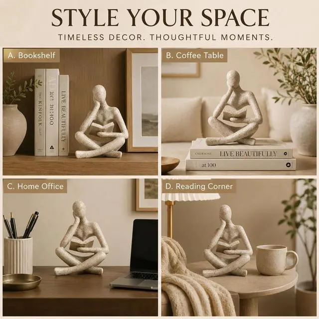 Alt view image 4 of 7 - Bookshelf Decor Thinker Statue, Sand Abstract Reading Figurine, Resin Decorative Bookend for Coffee Table, Shelf, Home Office, Library, Living Room-Gift for Book LoversZuo Si