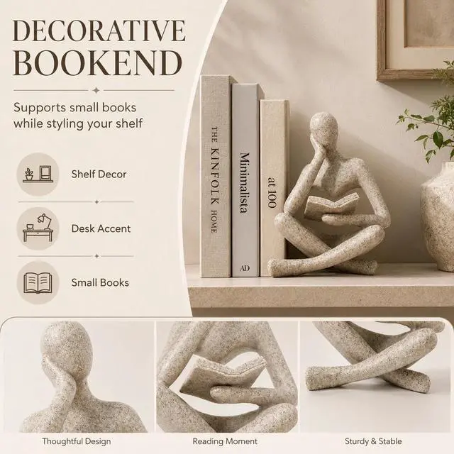 Alt view image 5 of 7 - Bookshelf Decor Thinker Statue, Sand Abstract Reading Figurine, Resin Decorative Bookend for Coffee Table, Shelf, Home Office, Library, Living Room-Gift for Book LoversZuo Si