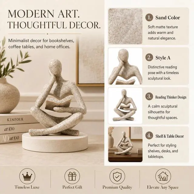 Alt view image 6 of 7 - Bookshelf Decor Thinker Statue, Sand Abstract Reading Figurine, Resin Decorative Bookend for Coffee Table, Shelf, Home Office, Library, Living Room-Gift for Book LoversZuo Si